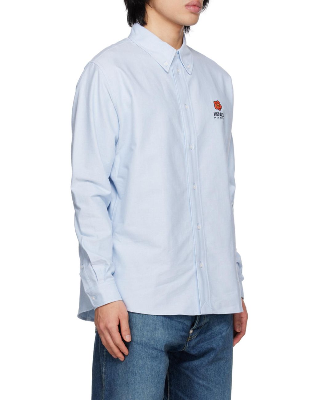 KENZO Blue Boke Flower Logo Embroidered Buttoned Shirt for men