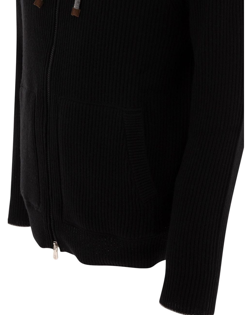 Brunello Cucinelli Blue Logo Embroidered Zipped English Rib Knit Hooded Sweatshirt for men