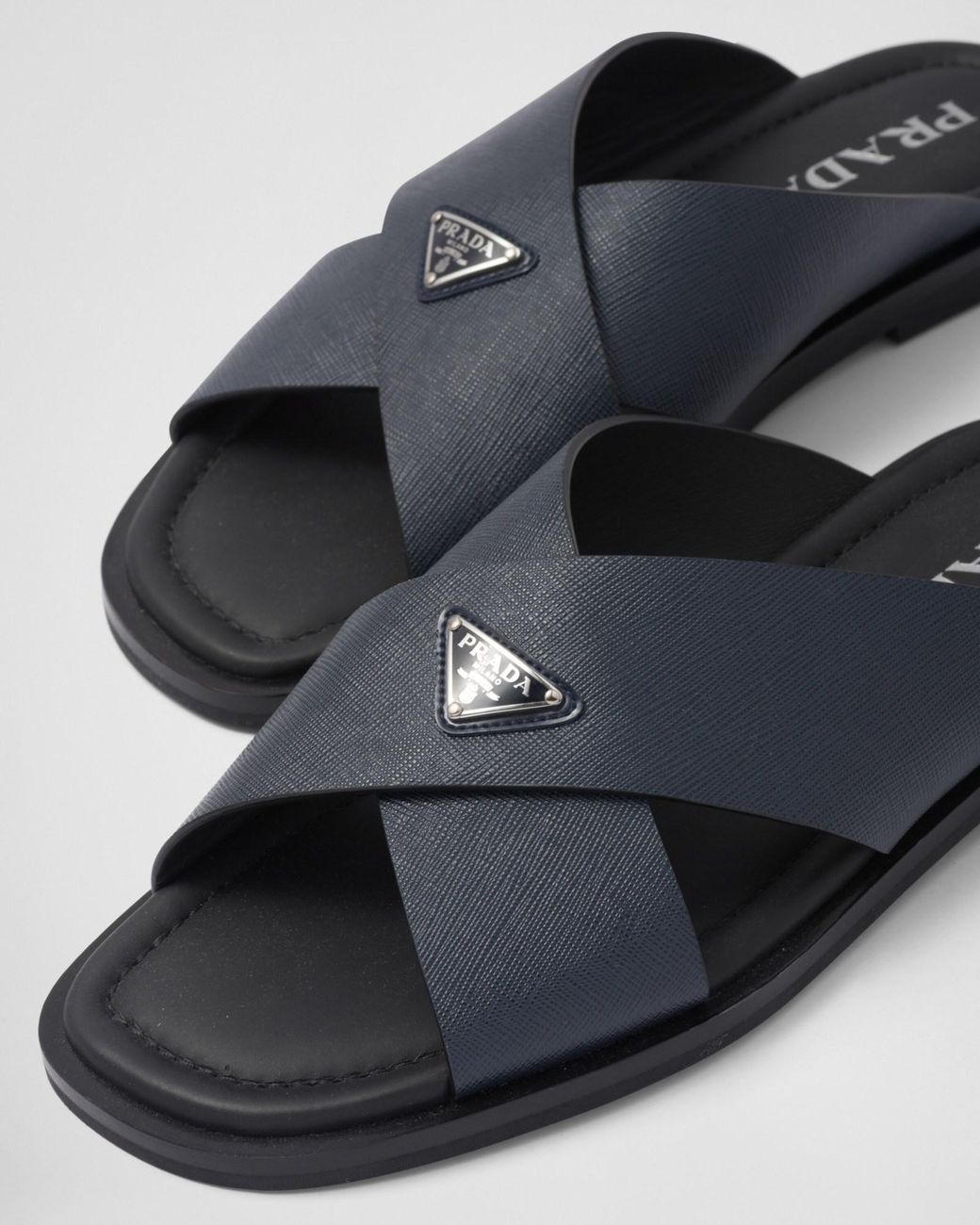 Prada Blue Saffiano Leather Crisscross Slides for men