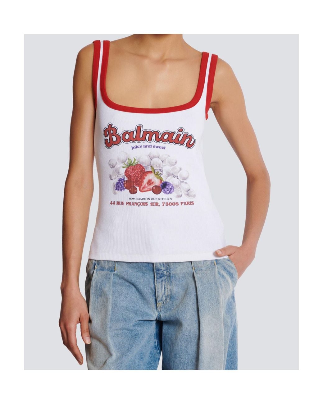 Balmain White Fruit Print Tank Top