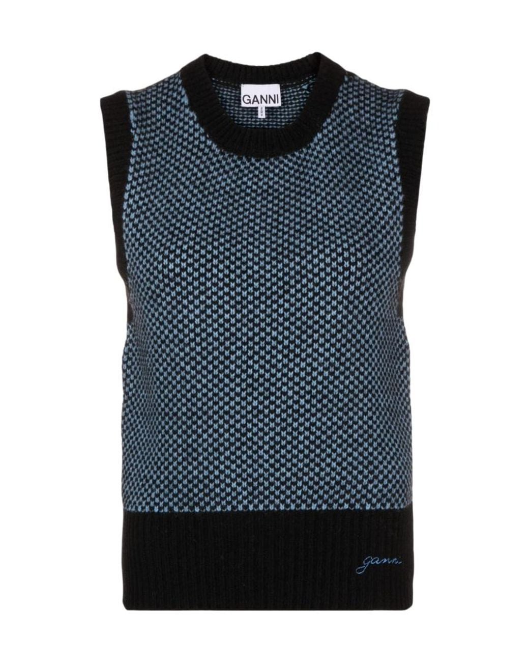Ganni Blue Logo-Embroidered Knit Vest