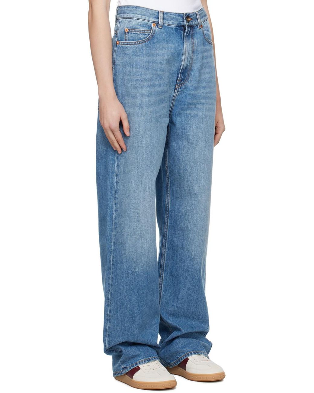 Valentino Blue Logo Patch Wide Leg Jeans