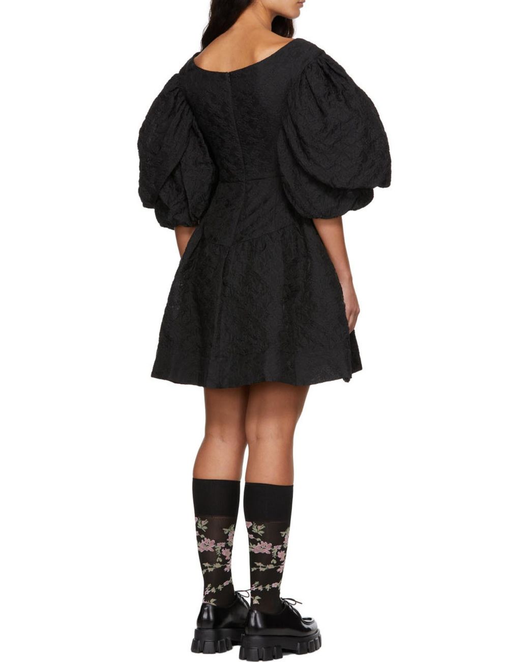 Simone Rocha Black Jacquard Puff-Sleeve Mini Dress
