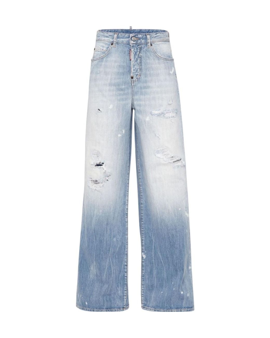 DSquared² Blue Logo-Patch Distressed Wide-Leg Jeans