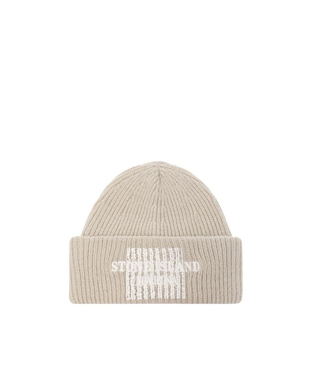 Stone Island White Logo Embroidered Knit Beanie for men