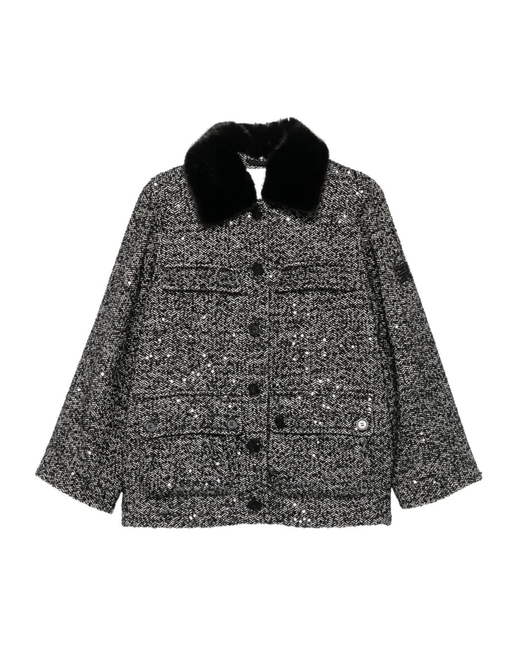 ERMANNO FIRENZE Black Sequin-Embellished Herringbone Jacket
