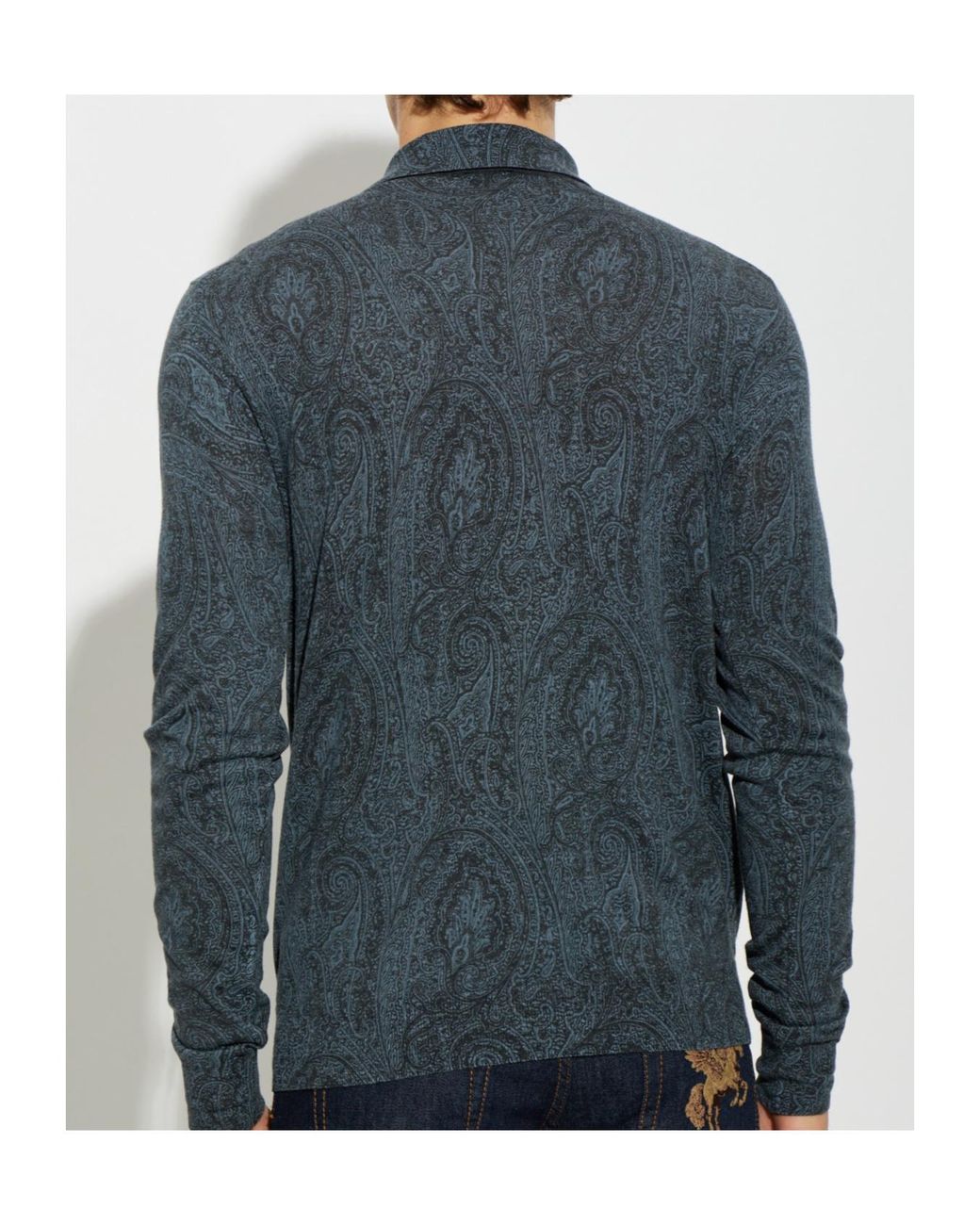 Etro Blue Paisley Long Sleeve Polo Shirt for men