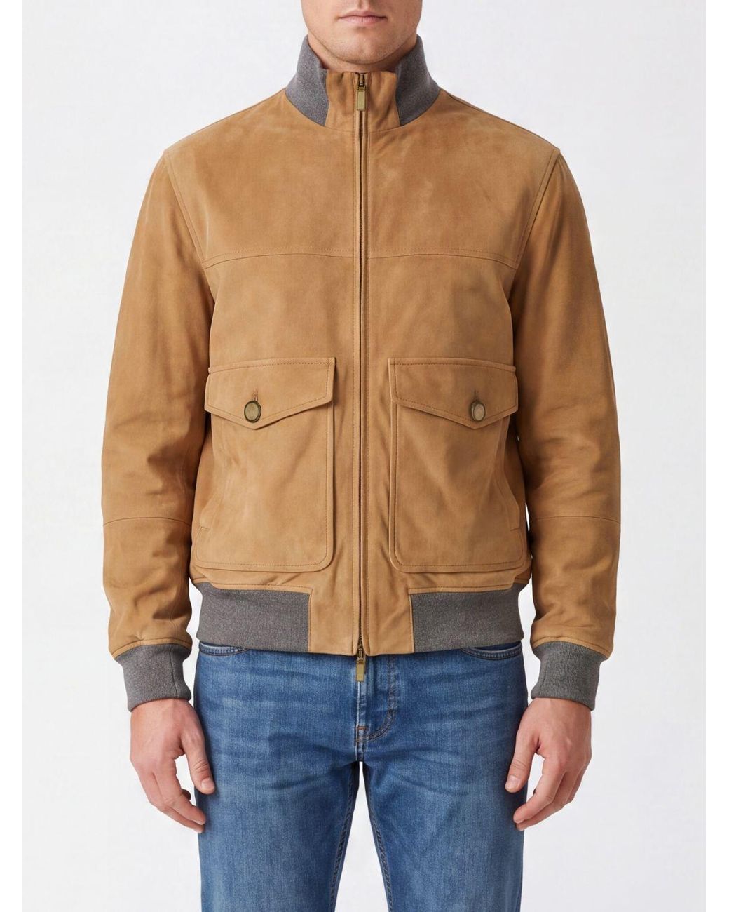Brunello Cucinelli Natural Ribbed Hem Suede Jacket for men