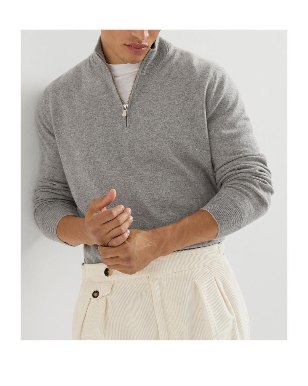 Brunello Cucinelli Gray Cashmere And Vicuña Sweater With Half Zip for men