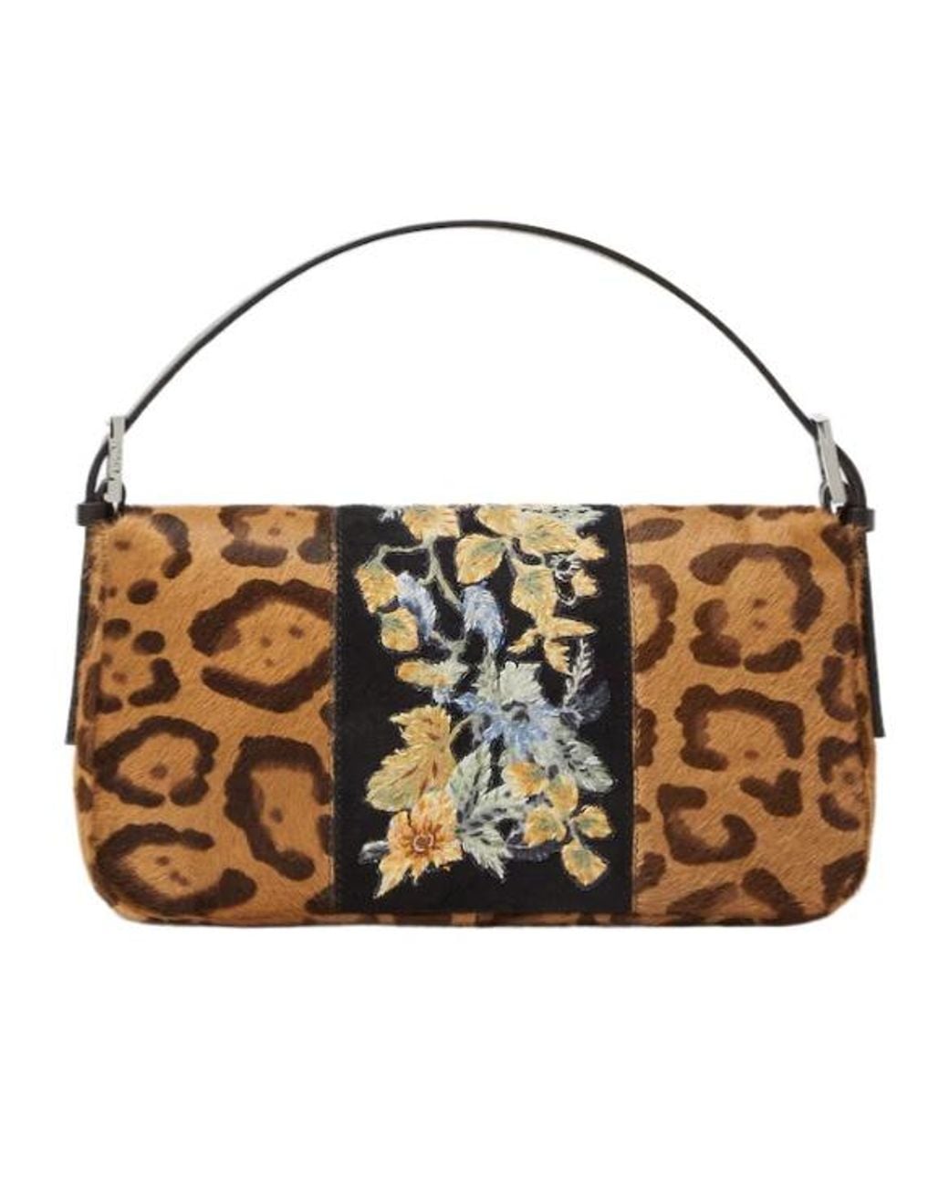 Fendi Brown Baguette 26424 Embroidered Jaguar Print Pony-Effect Leather Bag
