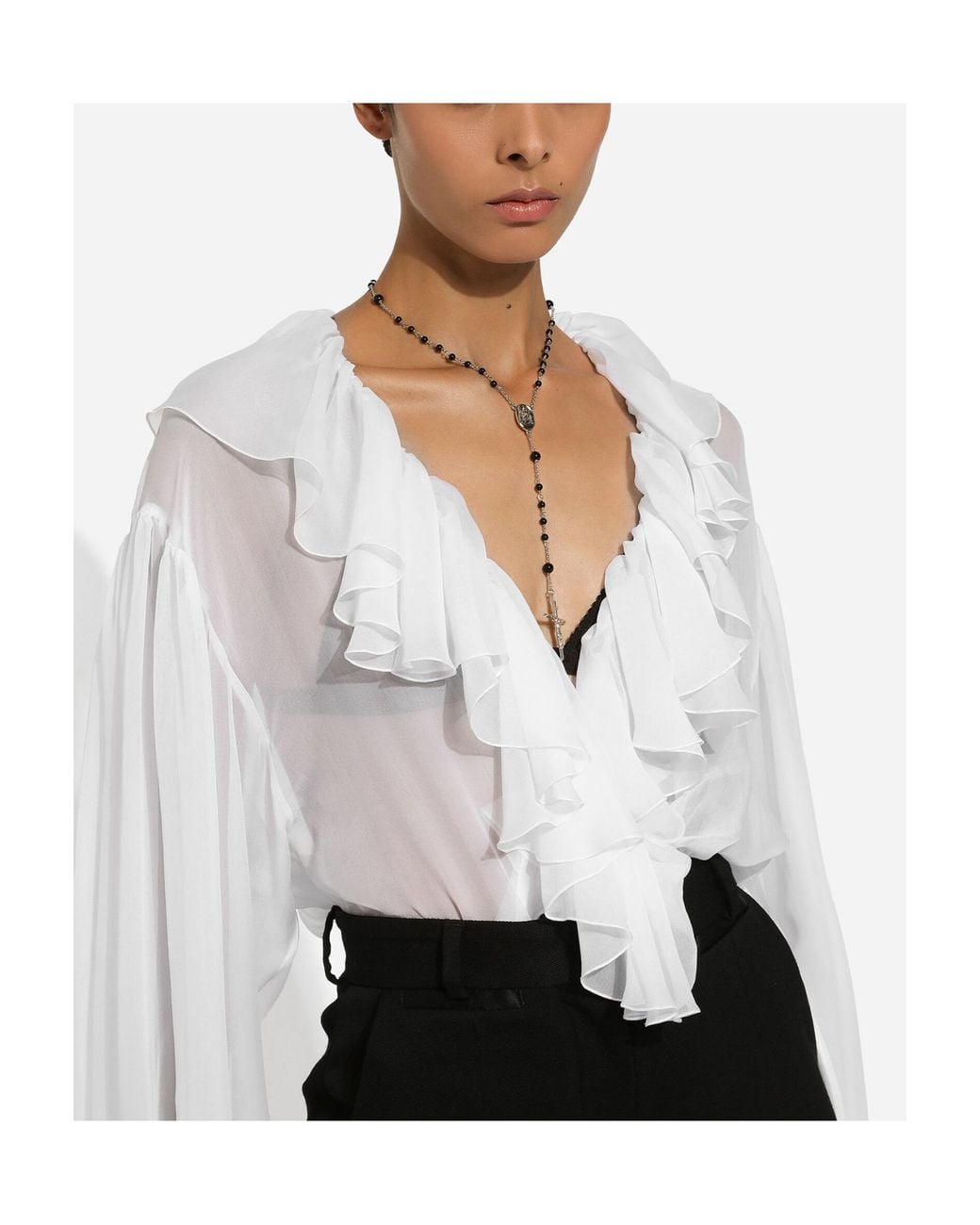 Dolce & Gabbana White Ruffle Detailed Chiffon Blouse