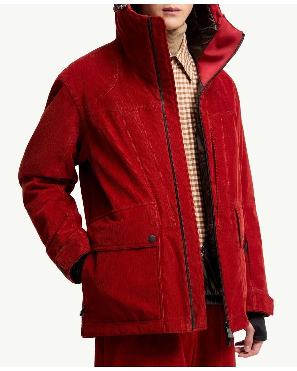 Moncler Red Airolo Corduroy Insulated Hooded Ski Jacket for men
