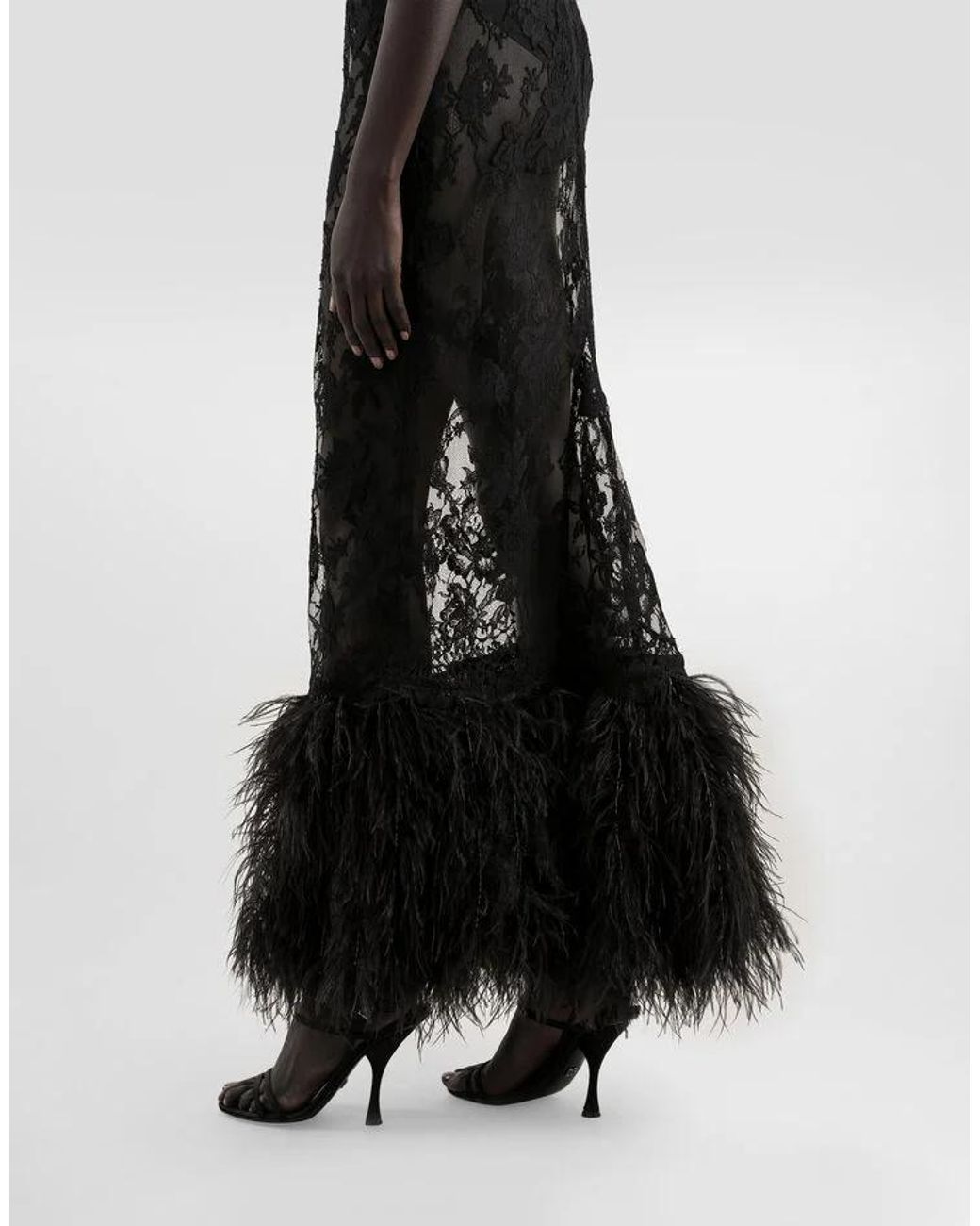 Dolce & Gabbana Black Lace Dress With Feathers Strucia