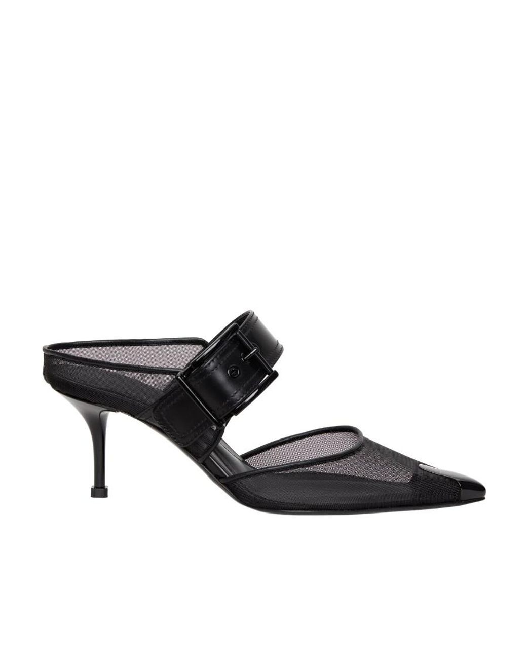 McQueen Black Punk Buckle Pointed-Toe Mules