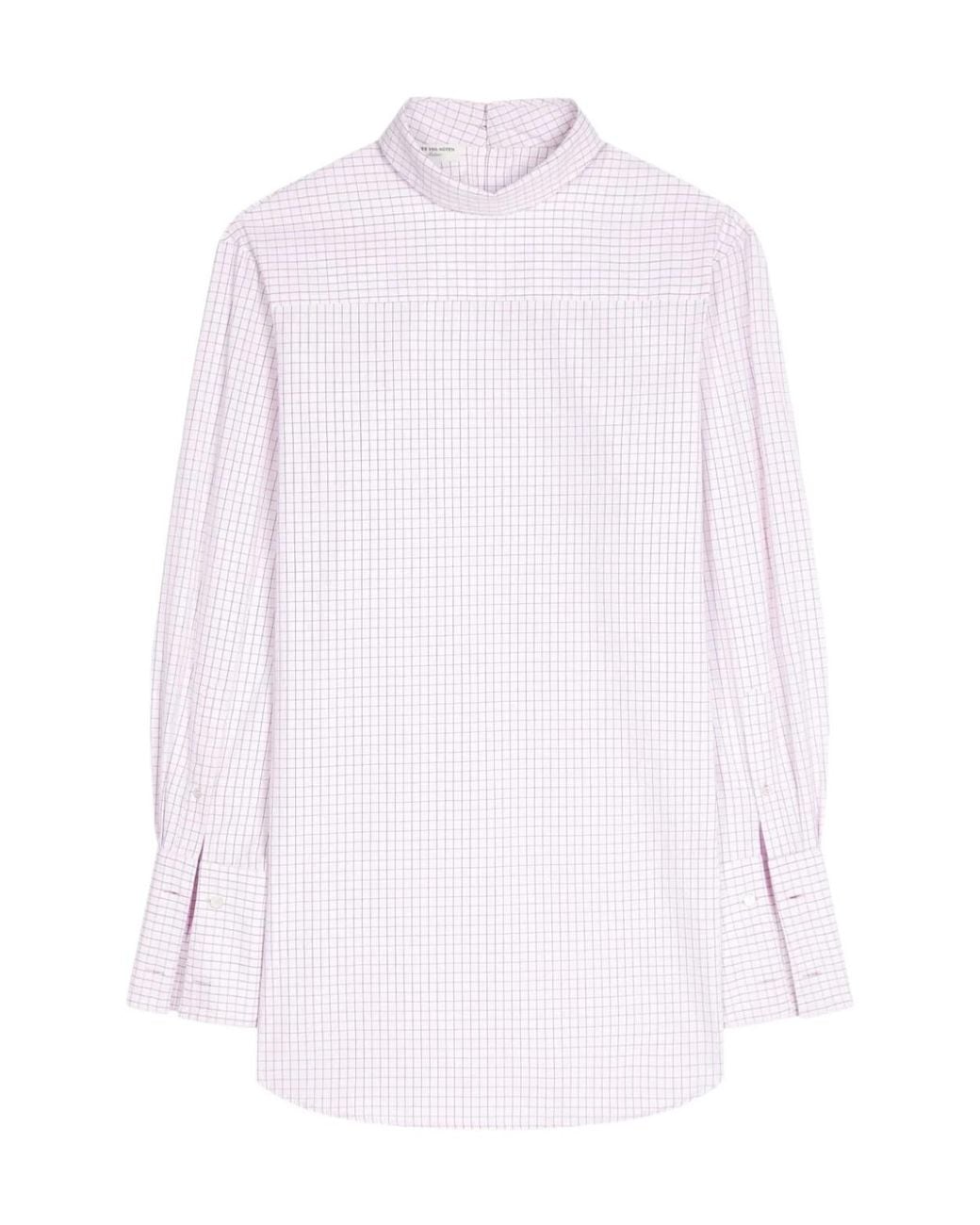 Dries Van Noten White Grid Mock-Neck Long-Sleeve Shirt