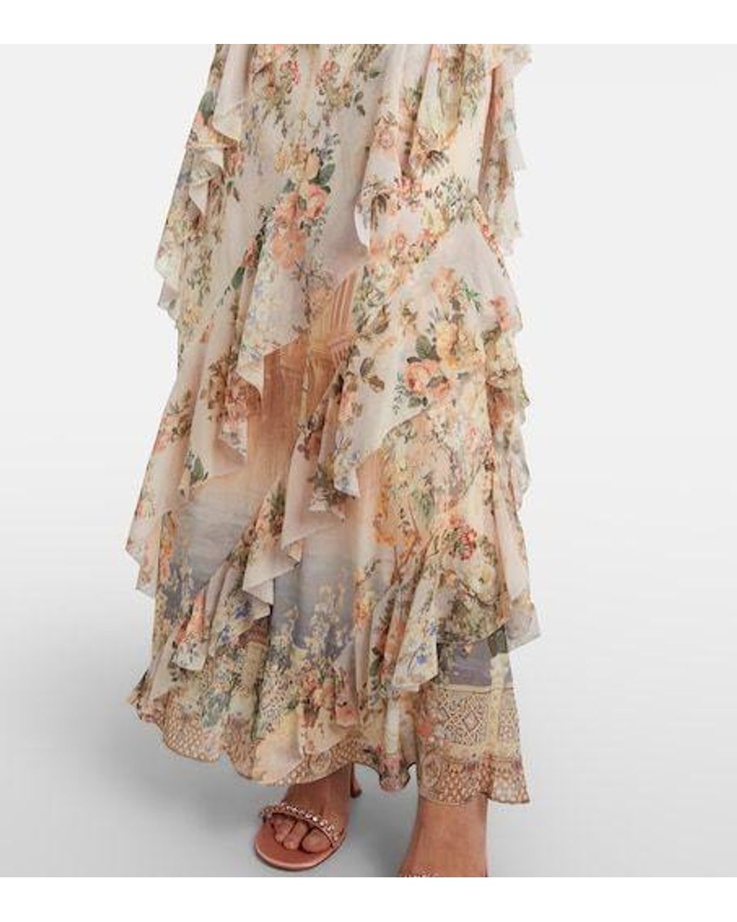 Camilla Natural Embellished Floral Ruffled Silk Maxi Dress