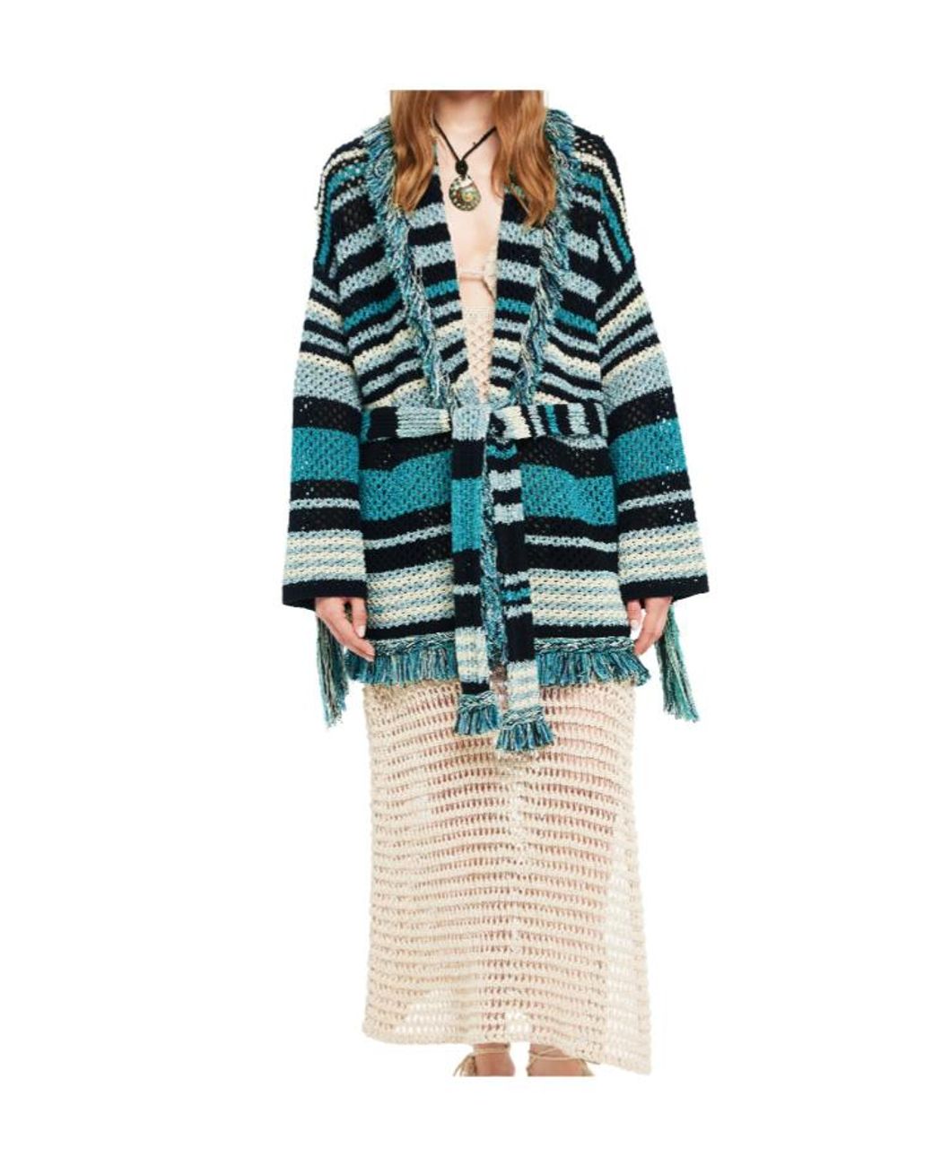 Alanui Green Ocean Stripes Fringed Cardigan