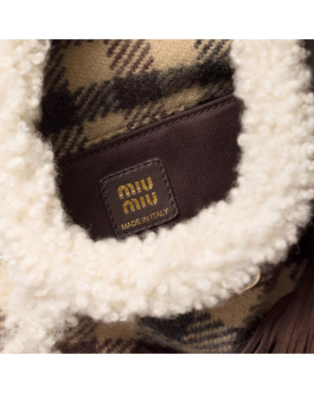 Miu Miu Natural Gingham And Shearling Handbag