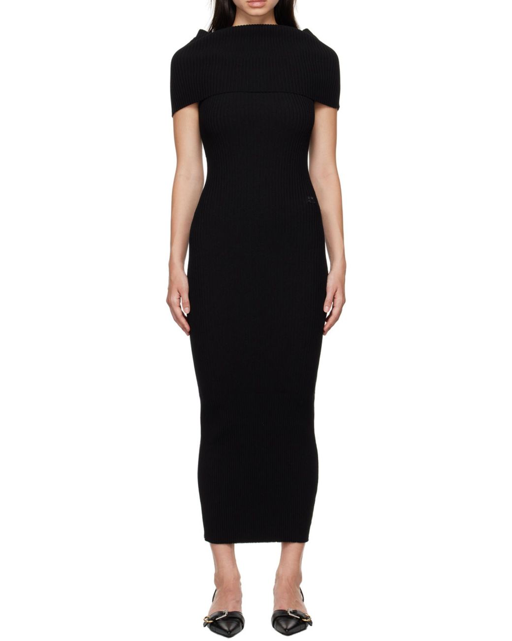 Courreges Black Twist Off-The-Shoulder Embroidered Ribbed-Knit Maxi Dress