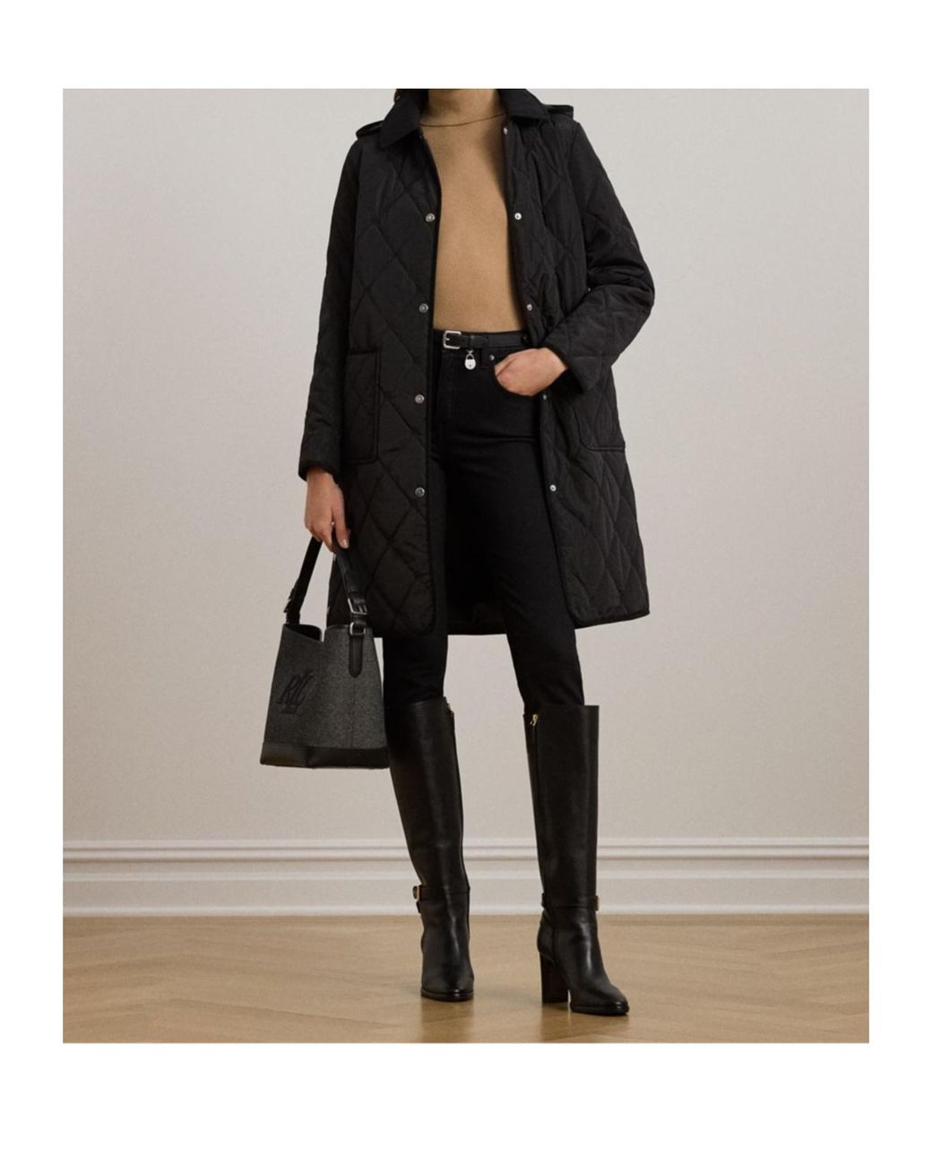 Ralph Lauren Black Corduroy-Trim Logo Quilted Hooded Coat