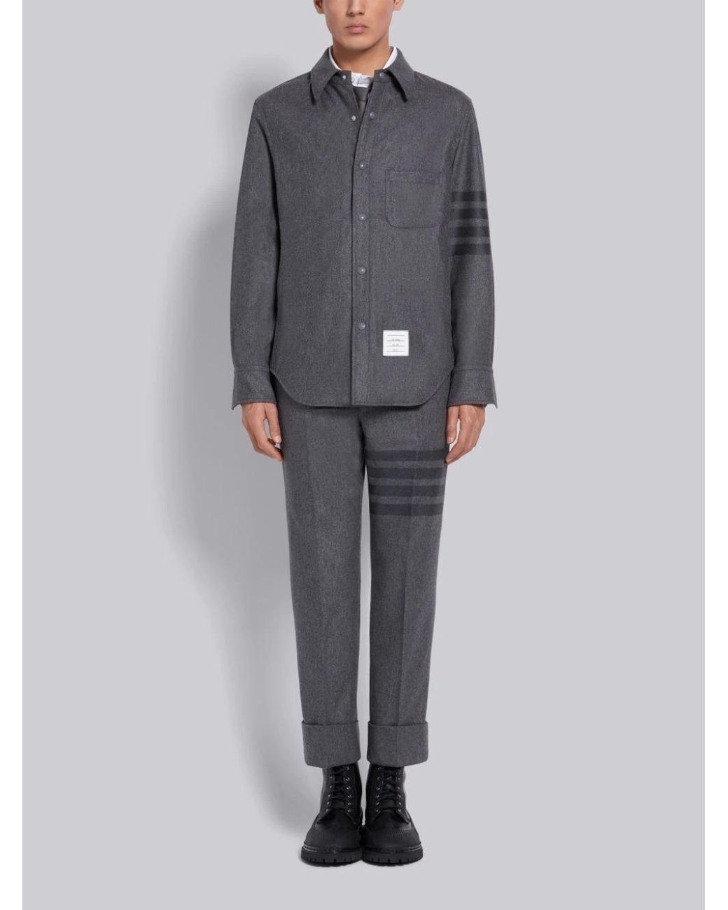 Thom Browne Gray Flannel Tonal-Bar Buttoned Shirt Jacket for men