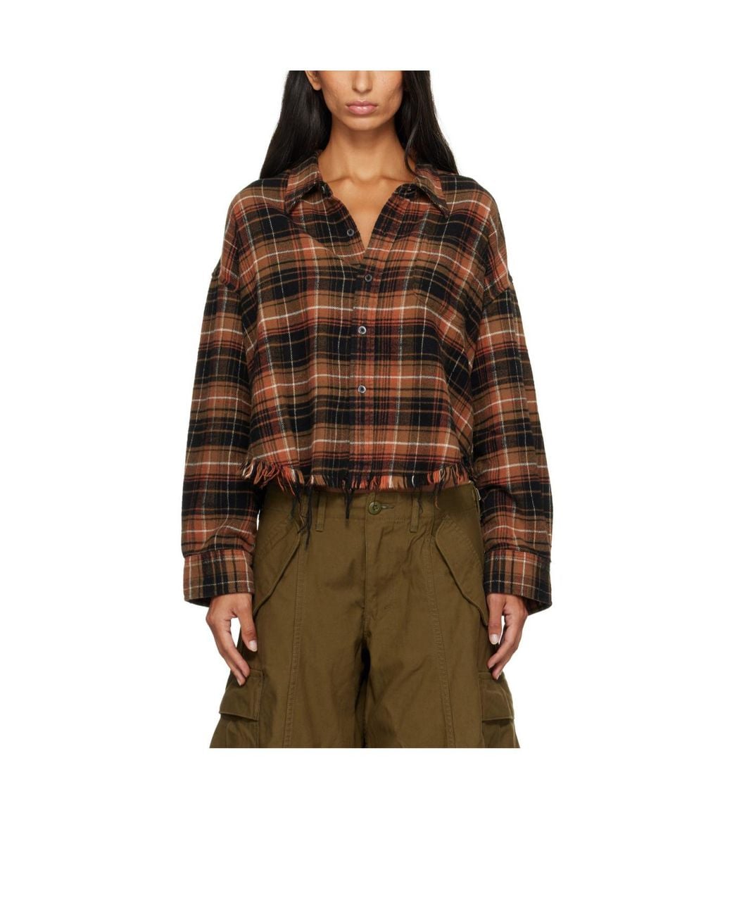 R13 Brown Frayed-Hem Shirt