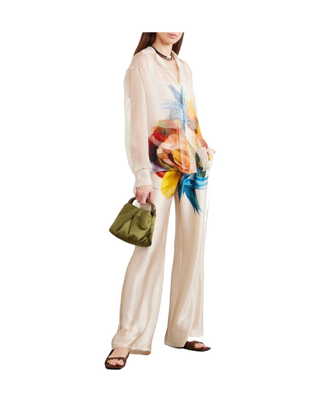 Donde Esteban White Printed Silk-Blend Wide-Leg Pants