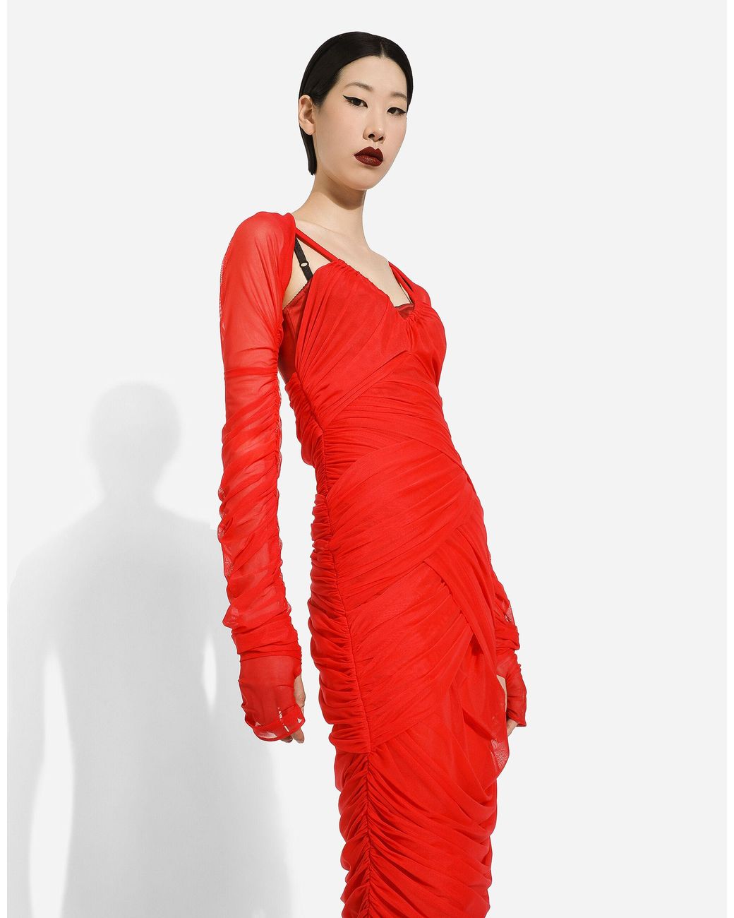 Dolce & Gabbana Red Tulle Draped Long-Sleeved Midi Dress