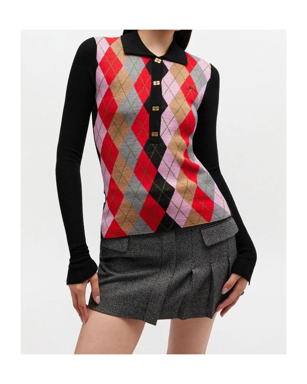 Ganni Red Fine Merino Harlequin Polo