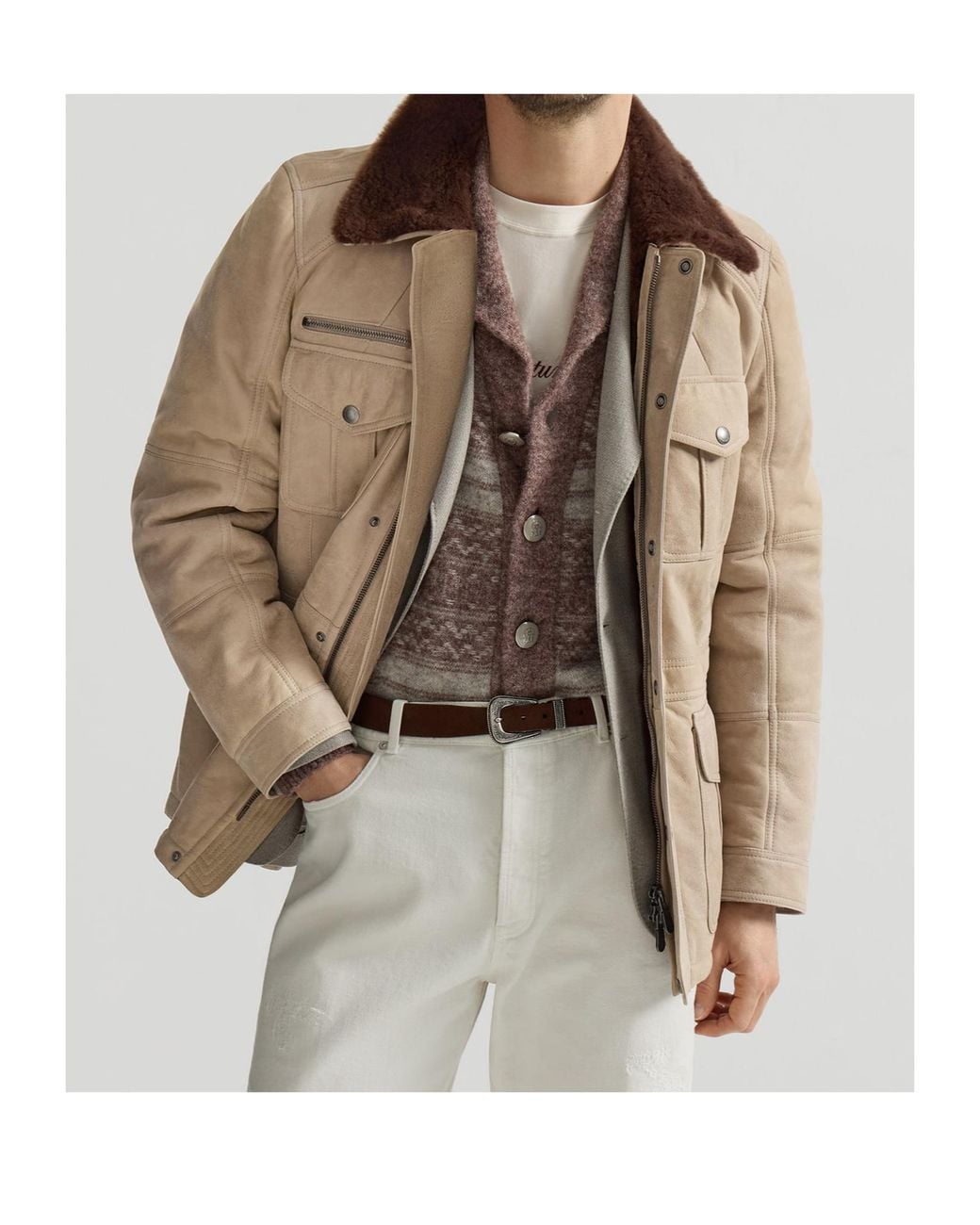 Brunello Cucinelli Brown Waxed Shearling Safari Jacket for men
