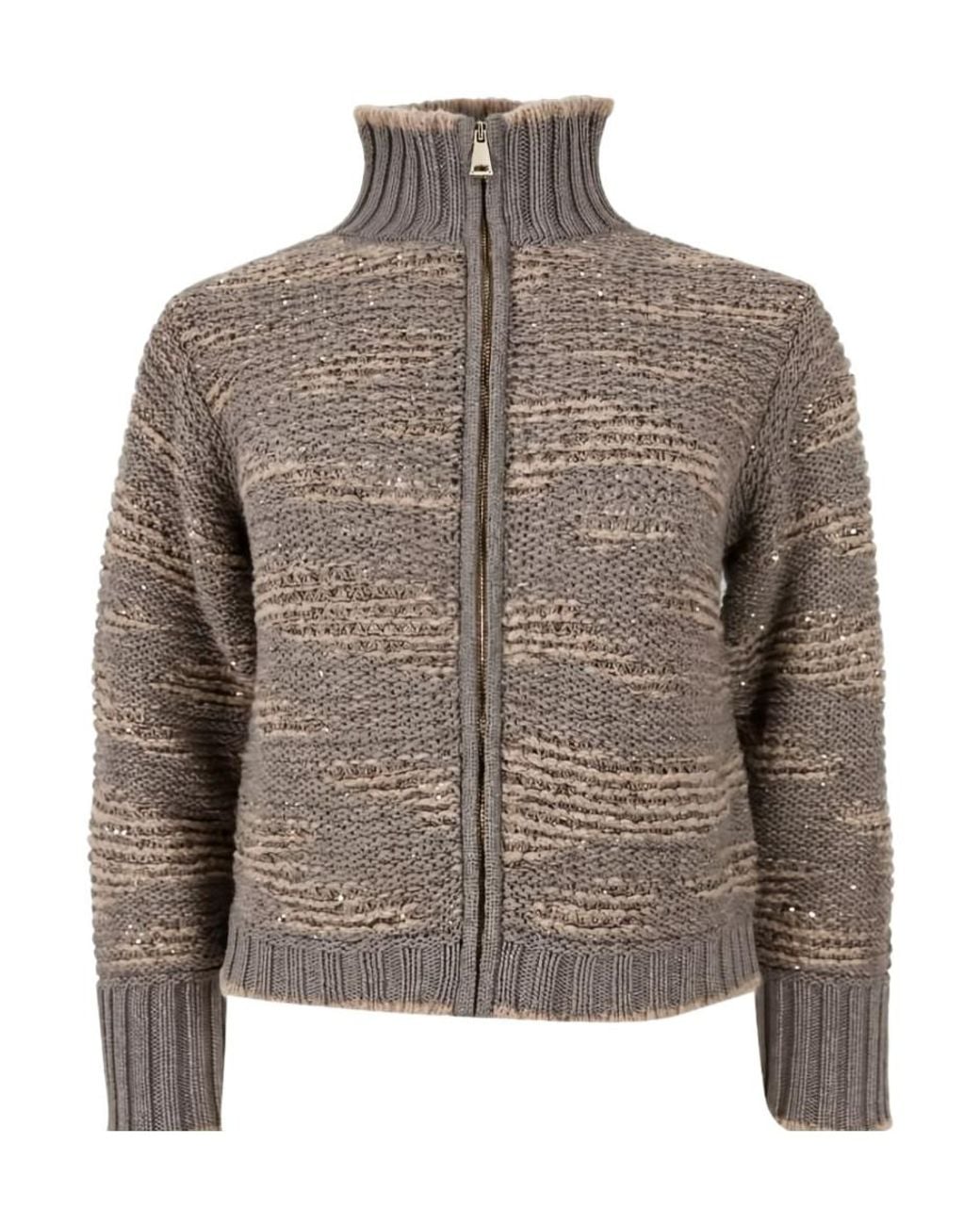 Fabiana Filippi Brown Zip-Up Embellished Jumper