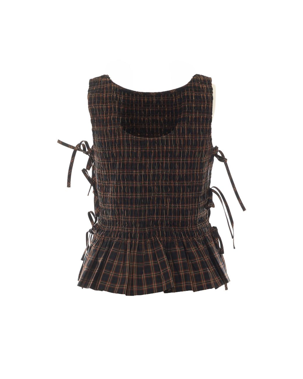 Ganni Black Smocked Check Lace-Up Top
