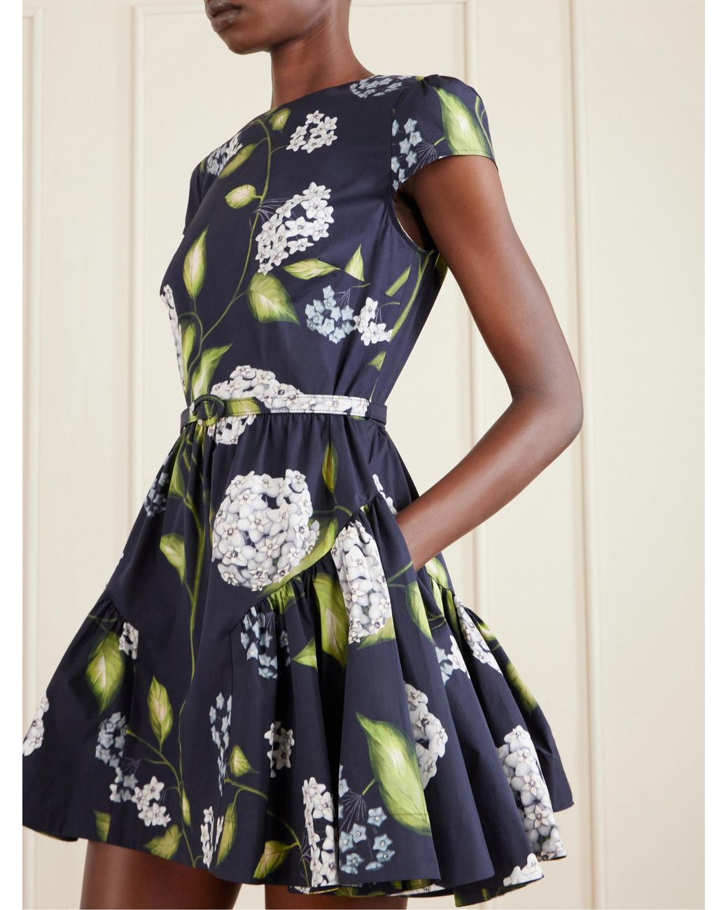 Oscar de la Renta Blue Belted Tiered Floral-Print Cotton-Blend Poplin Mini Dress