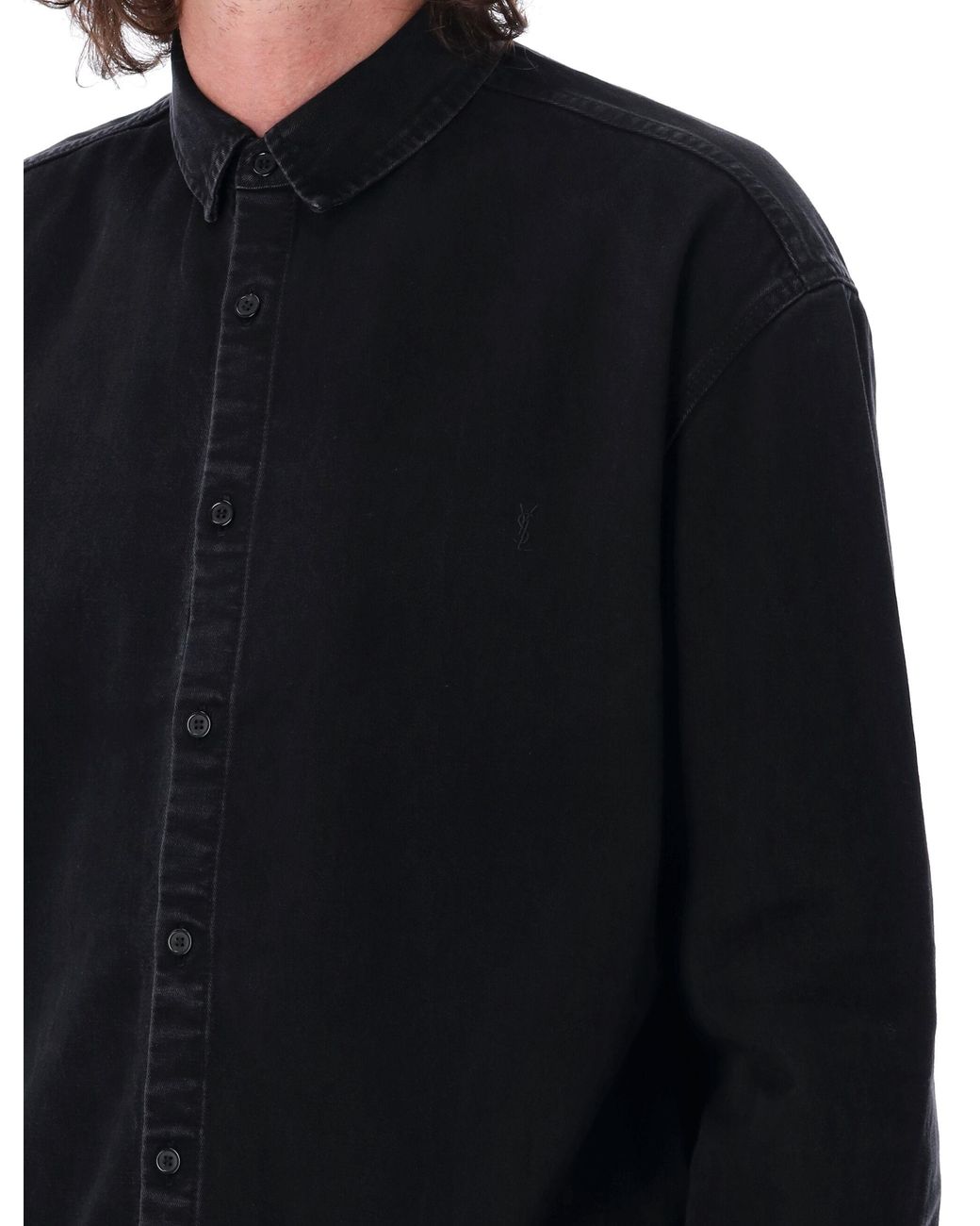 Saint Laurent Black Cassandre Relaxed-Fit Denim Shirt for men