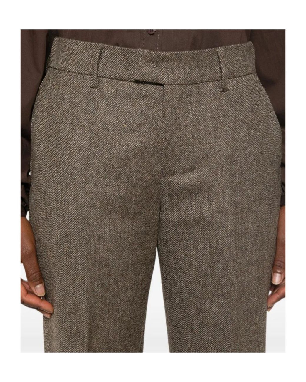 Berwich Gray Herringbone-Pattern Wool Trousers