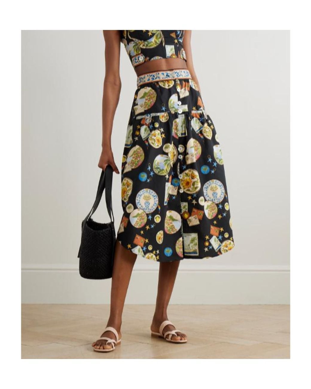 Farm Rio Black Printed Cotton Midi Skirt