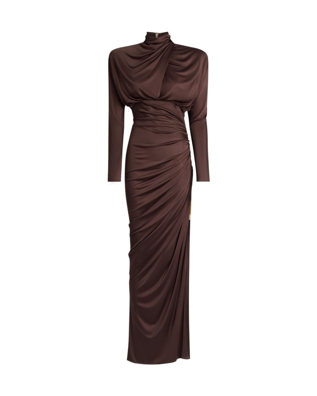 Balmain Brown Draped Long-Sleeve Maxi Dress