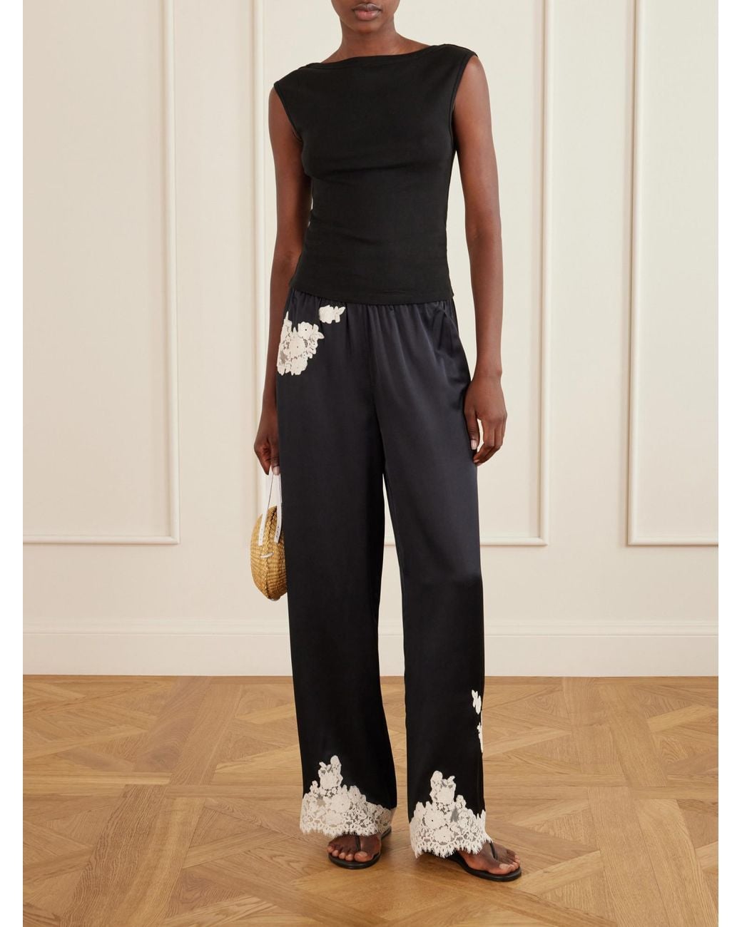 Doen Blue Silk Trousers With Lace Trim