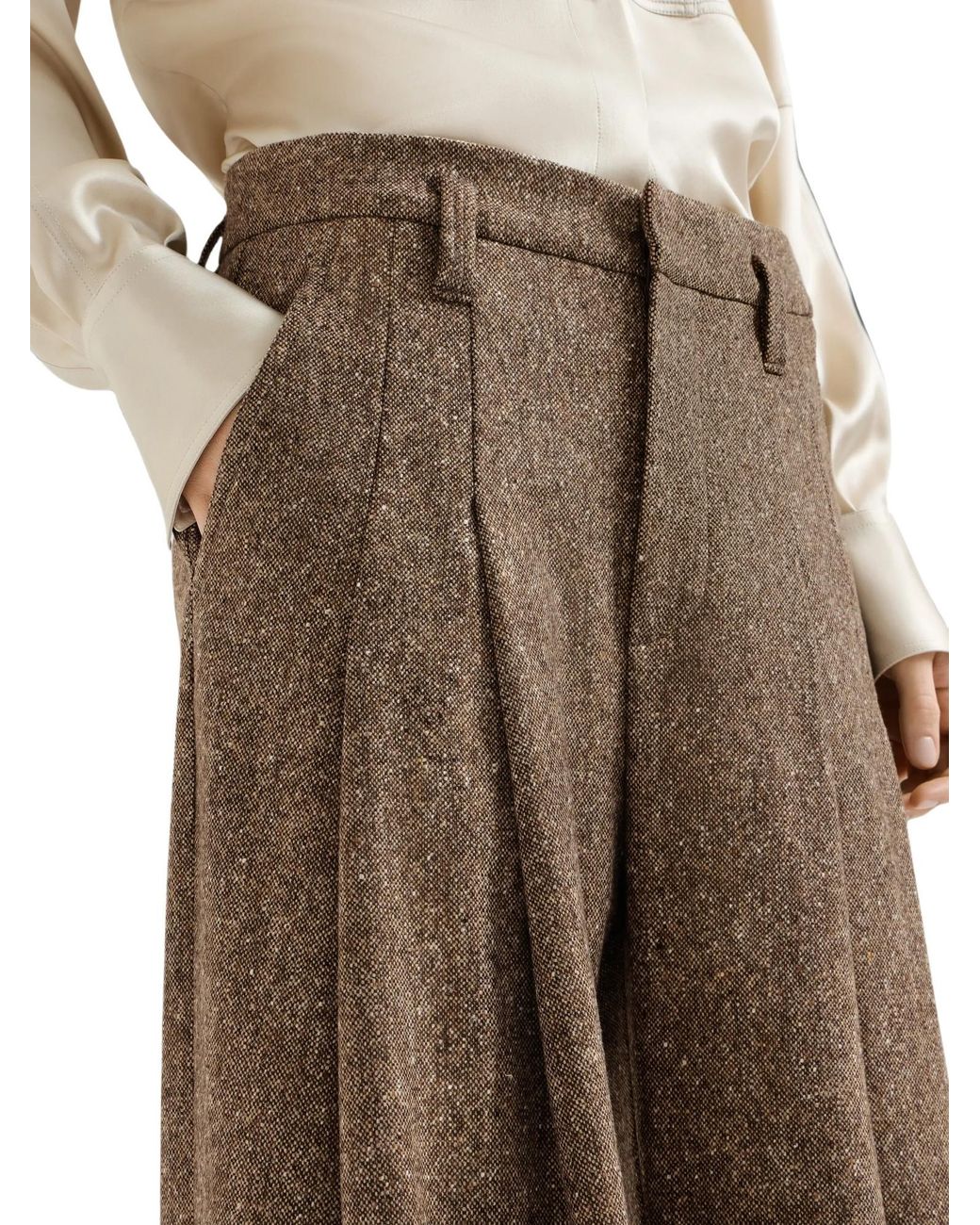 Brunello Cucinelli Natural Virgin Wool Donegal Pleated Barrel Trousers With Monili