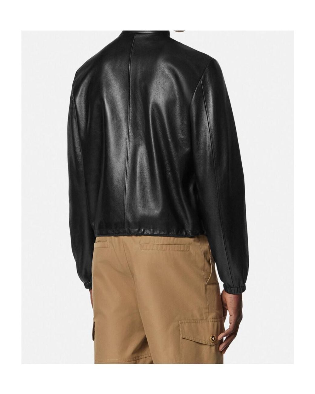 Versace Black Stand Up Collar Leather Jacket for men