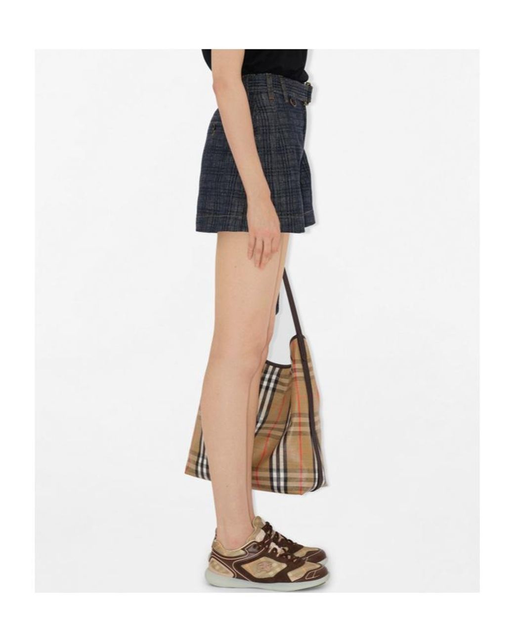 Burberry Blue Belted Check Denim Shorts