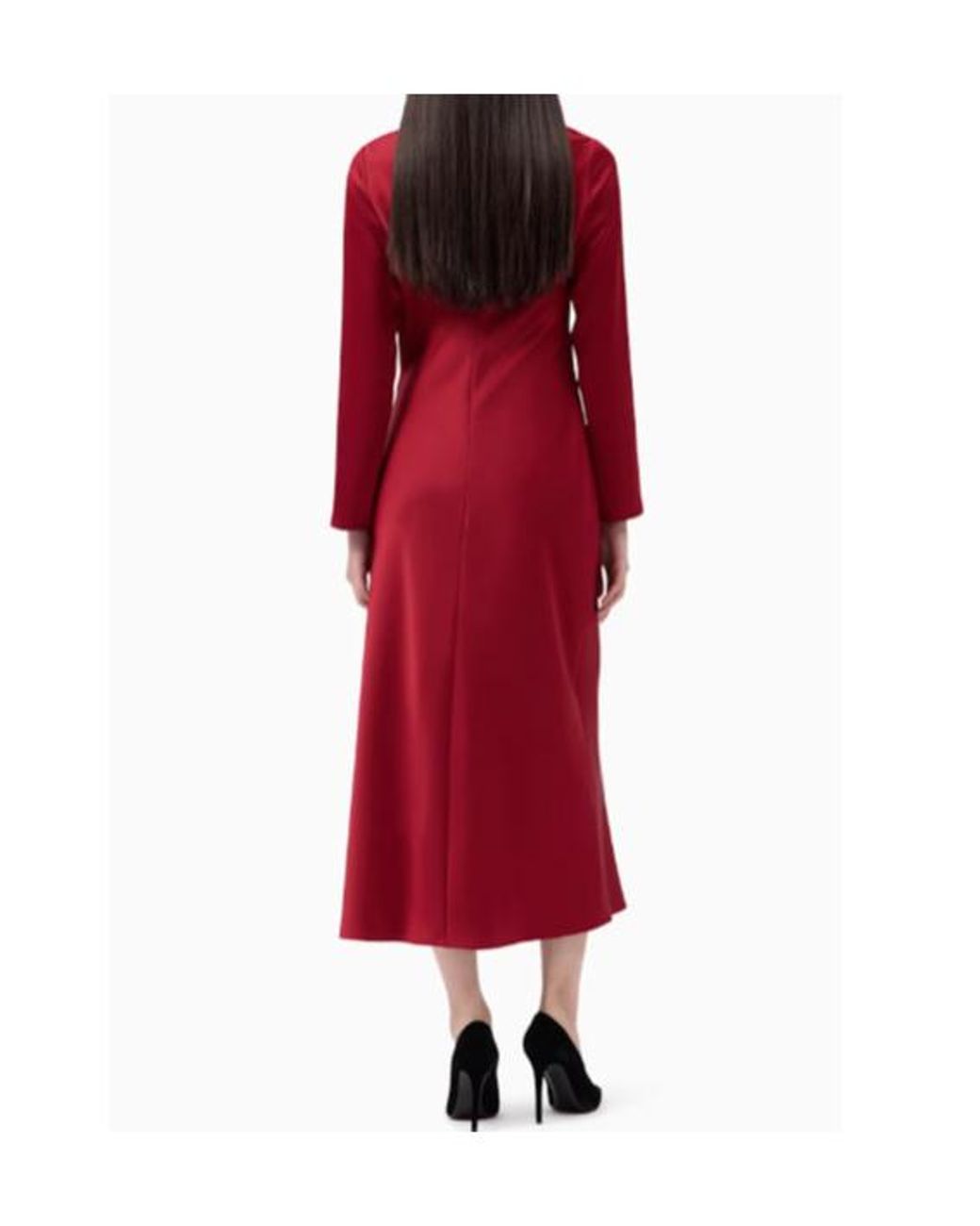 Emporio Armani Red Satin-Finish Long-Sleeve Midi Dress