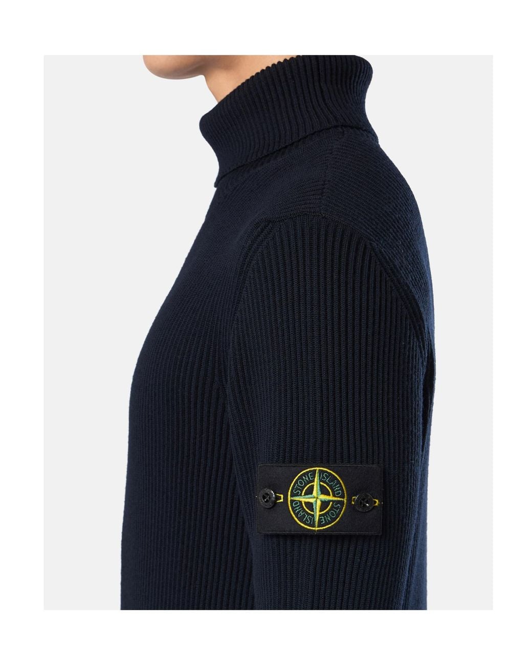 Stone Island Blue T-Neck Compass Logo Ribbed Turtleneck Sweater for men