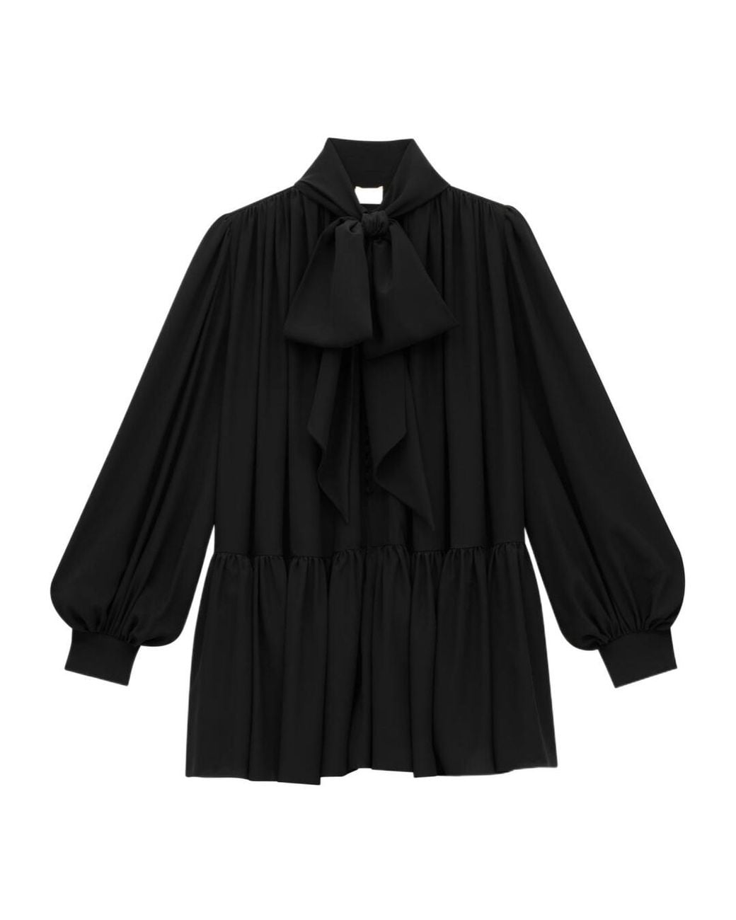 Saint Laurent Pussy-Bow Gathered Silk Crepe De Chine Mini Dress in Black