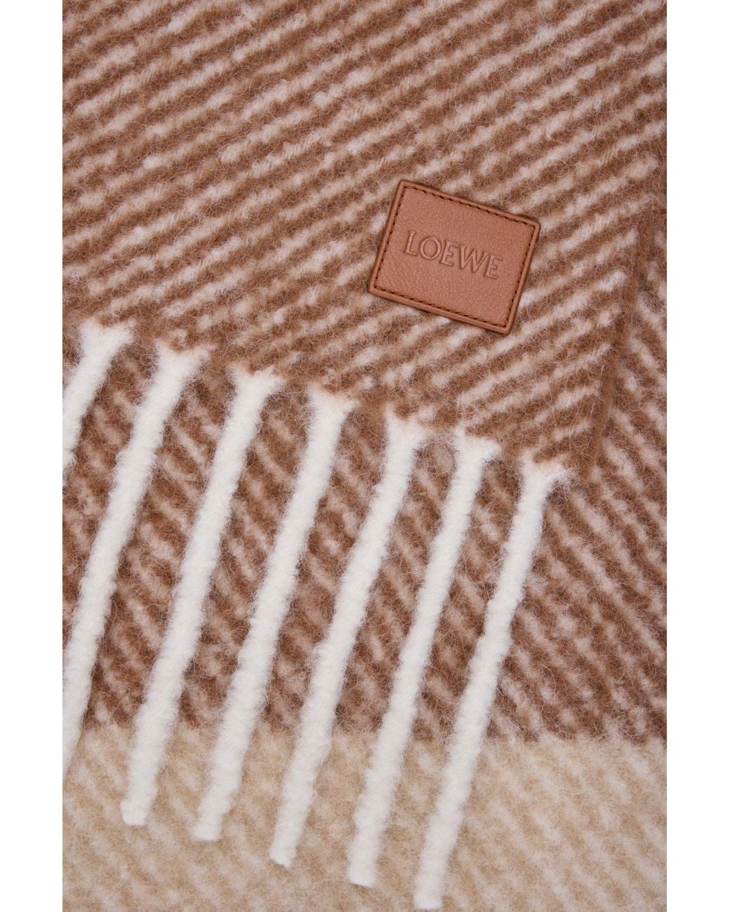 Loewe White Logo Patch Striped Fringed Scarf