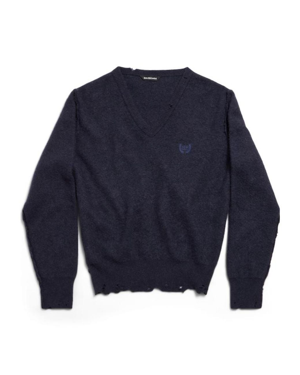 Balenciaga Blue Laurel Classic V-Neck Destroyed Sweater