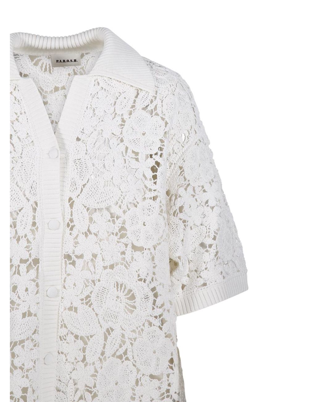 P.A.R.O.S.H. White Floral Embroidered Knit Polo Top