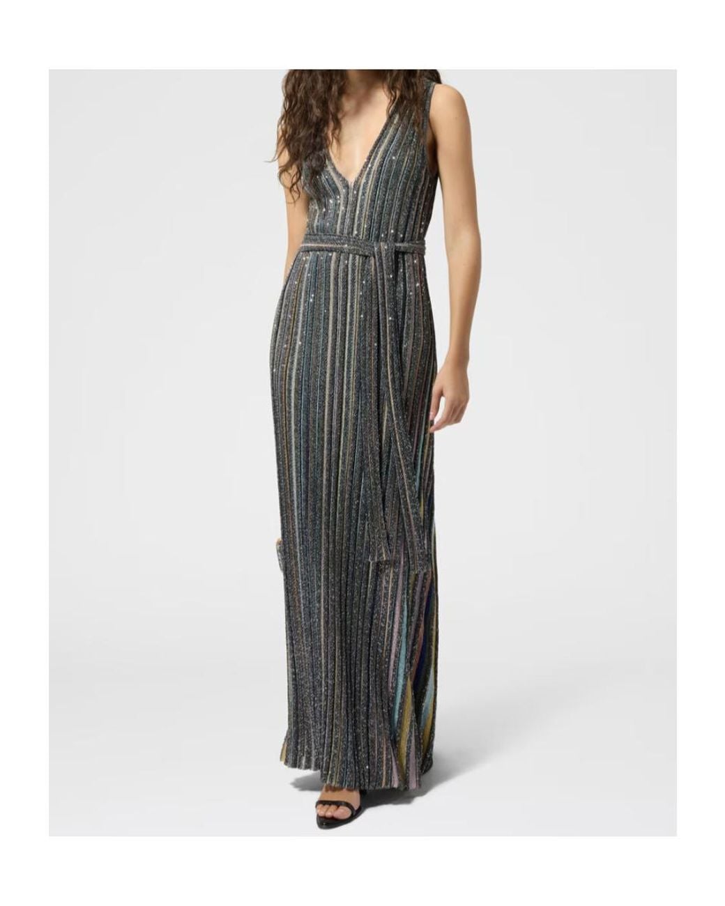Missoni Gray Striped Belted Maxi Dress