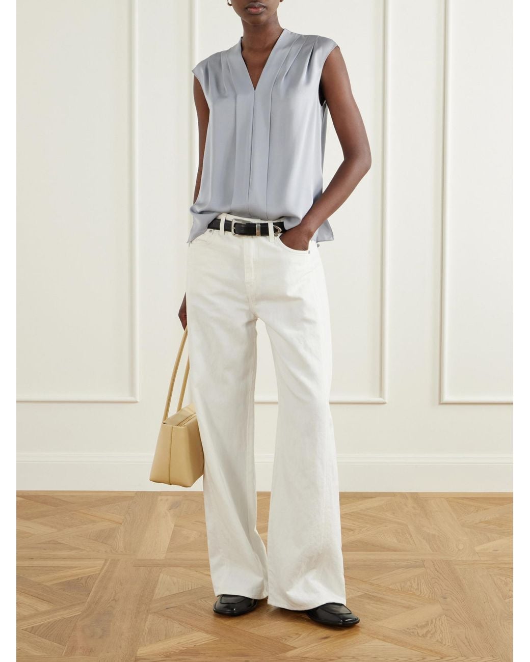 Theory Blue Pleated Silk-Satin Blouse