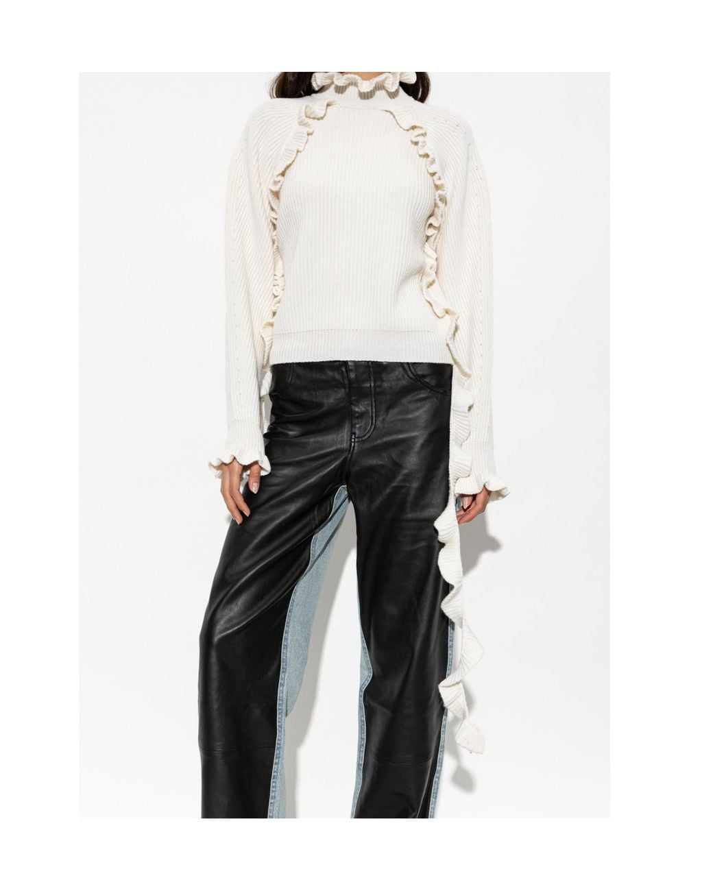 Blumarine White Ruffled High-Neck Knitted Sweater